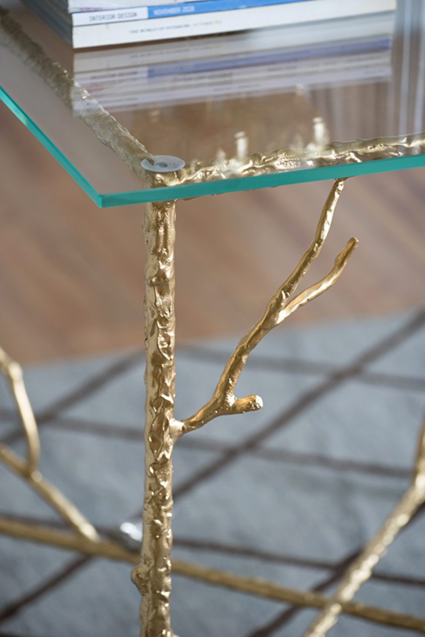 Branched Bird Square Glass Side Table