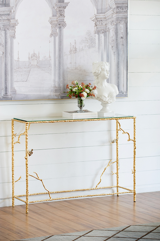 Branched Bird Square Glass Console Table